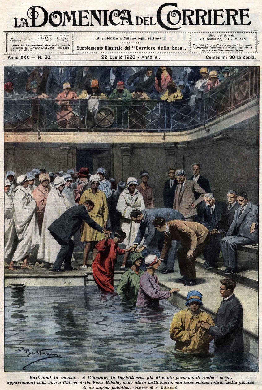 التعميد الجماعي: في غلاسكو ، اسكتلندا ، تم تعميد أكثر من مائة شخص ، أعضاء في كنيسة الكتاب المقدس الجديدة ، في بركة البلدية. رسم توضيحي لـ Beltrame. لا دومينيكا ديل كوريير. 22/7/1928. بواسطة أخيل بيلترام