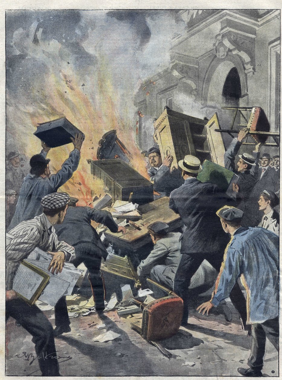 أزمة نبيذ ميدي في عام 1907: أشعل صانعو النبيذ النار في مبنى بلدية بيزيرس (هيرولت). رسم توضيحي لأخيل بلترام من عام 1907. بواسطة أخيل بيلترام