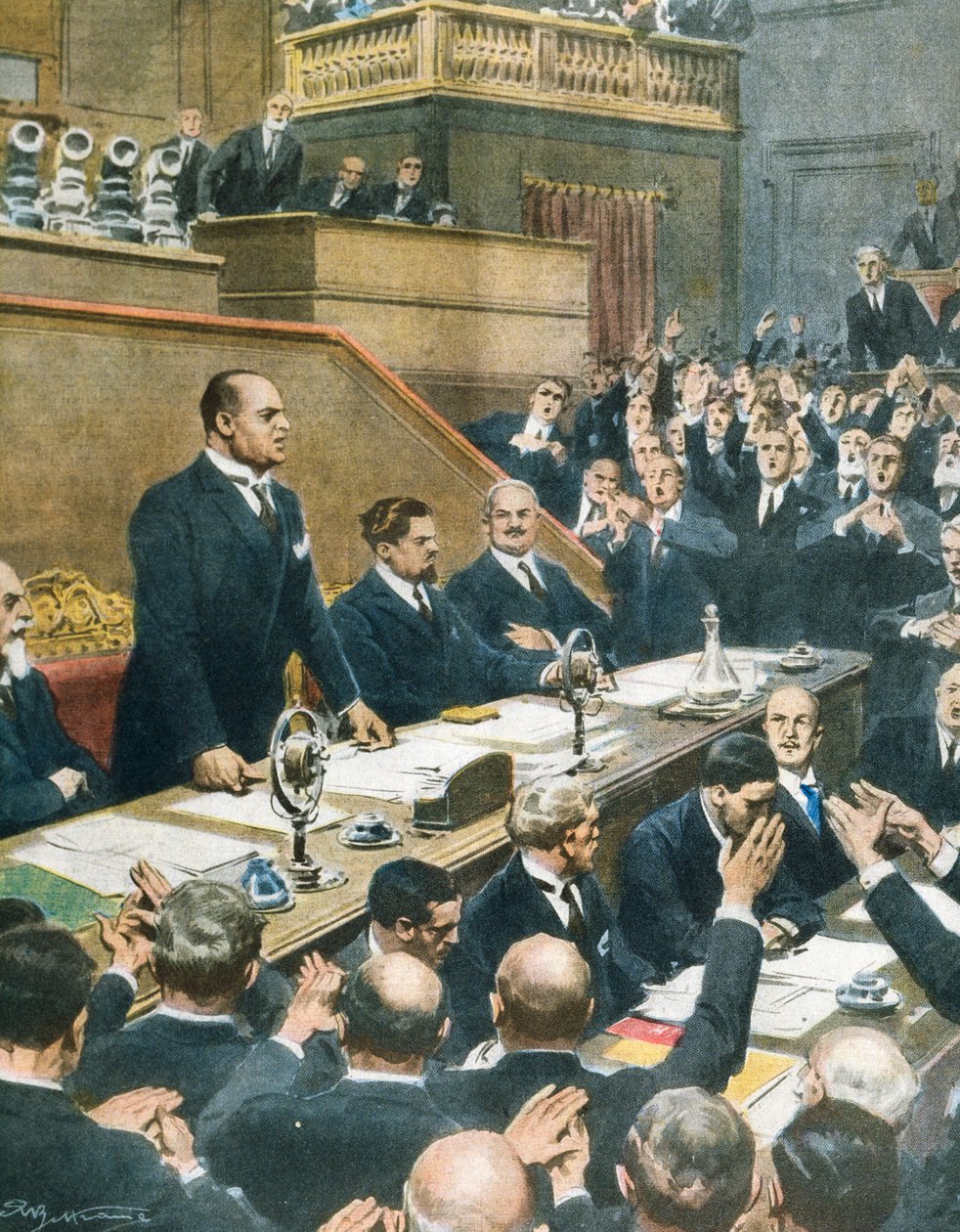 Mussolini announcing alliance reached between four Western powers to Senate, Achille Beltrame (1871-1945) from La Domenica del Corriere, June 7 بواسطة أخيل بيلترام