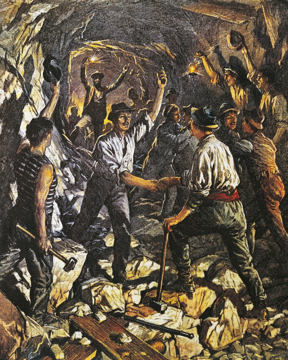 Opening of first stretch of Simplon Rail Tunnel between Arona and Meina, by Achille Beltrame (1871-1945), from La Domenica del Corriere, 25th October 1903 بواسطة أخيل بيلترام
