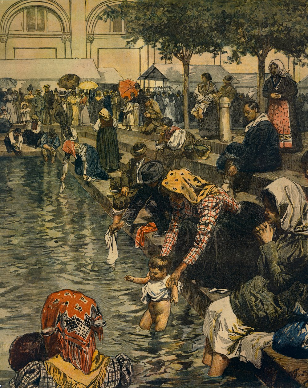 Pilgrimage to Caravaggio: Bathing in miraculous waters, by Achille Beltrame (1871-1945), from La Domenica del Corriere بواسطة أخيل بيلترام