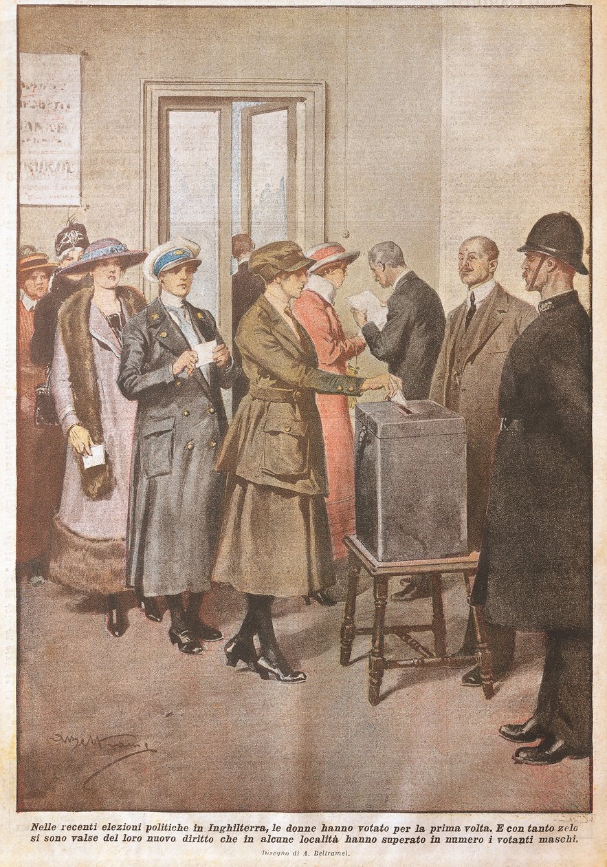 Political elections in England: Women voting for first time, by Achille Beltrame (1871-1945), from La Domenica del Corriere, 20th century بواسطة أخيل بيلترام