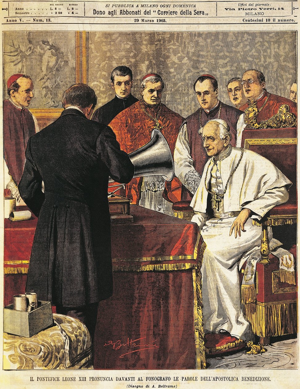 Pope Leone XIII reading Benediction into gramophone, by Achille Beltrame (1871-1945), from La Domenica del Corriere, 29th March 1903 بواسطة أخيل بيلترام