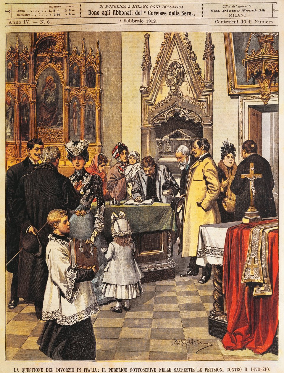 Public sign petition against divorce in sacristy, by Achille Beltrame, illustration, Illustrator Achille Beltrame (1871-1945), from La Domenica del Corriere, 9th February 1902 بواسطة أخيل بيلترام