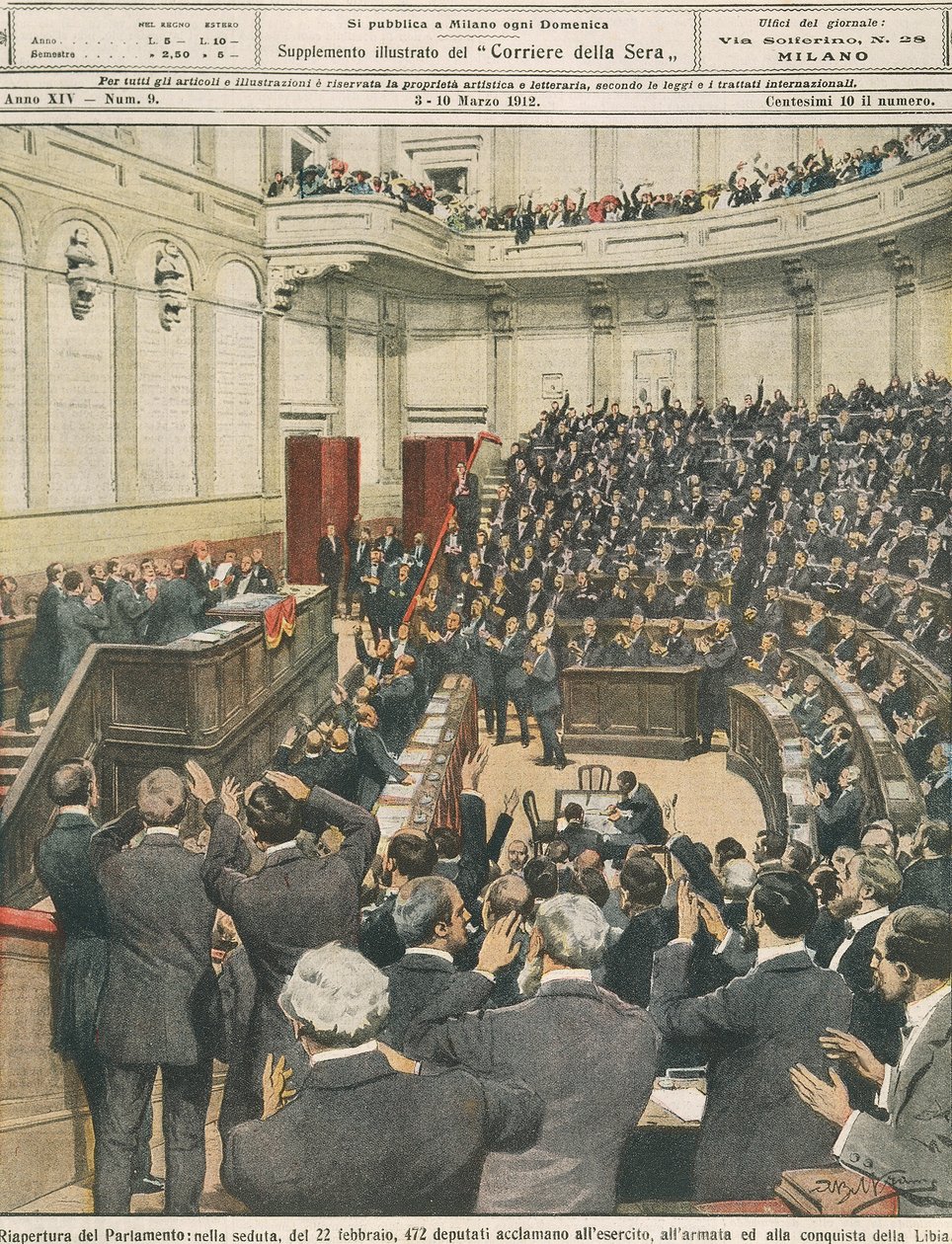 Re-opening of Italian Parliament on evening of 22nd February, cheering of army after its successful campaign in Libya, by Achille Beltrame, illustration, Illustrator Achille Beltrame (1871-1945), from La Domenica del Corriere, 3rd March 1912 بواسطة أخيل بيلترام