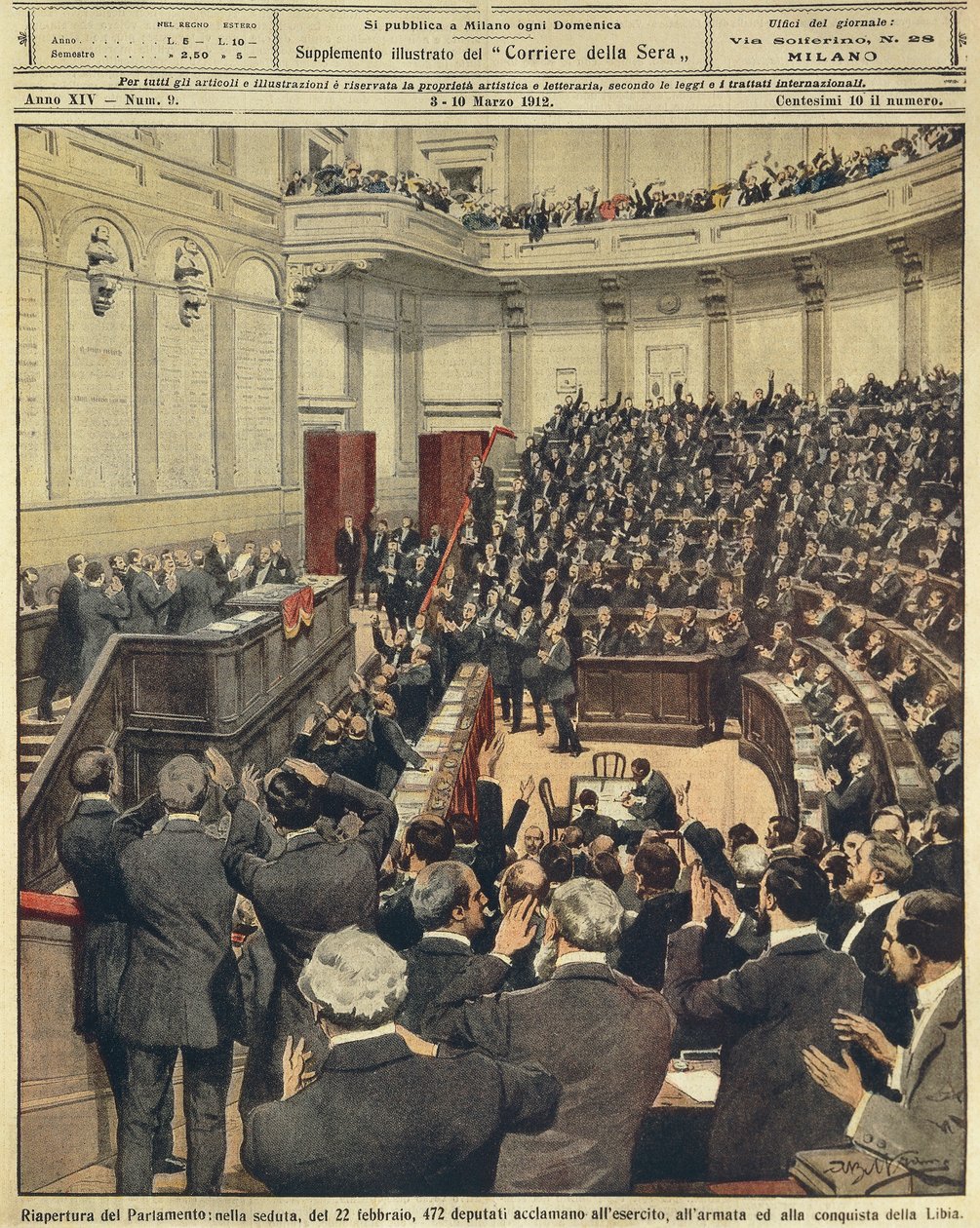 Re-opening of Italian Parliament on evening of 22nd February, cheering of army after its successful campaign in Libya, by Achille Beltrame, illustration, Illustrator Achille Beltrame (1871-1945), from La Domenica del Corriere, 3rd March 1912 بواسطة أخيل بيلترام