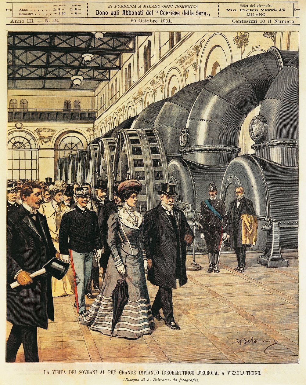 Royals visiting largest hydroelectric power station in Europe at Vizzola Ticino (Italy), by Achille Beltrame (1871-1945), from La Domenica del Corriere, 20th October 1901 بواسطة أخيل بيلترام
