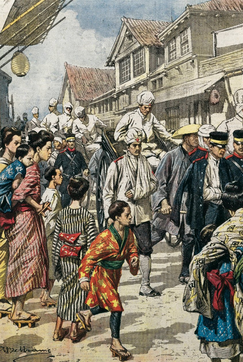 الحرب الروسية اليابانية (1904-1905). وصول أول مصاب في معركة Ya-Lu إلى طوكيو (فبراير 1904). صورة لأخيل بلترامه لـ "لا دومينيكا ديل كورييري". النقش. بواسطة أخيل بيلترام