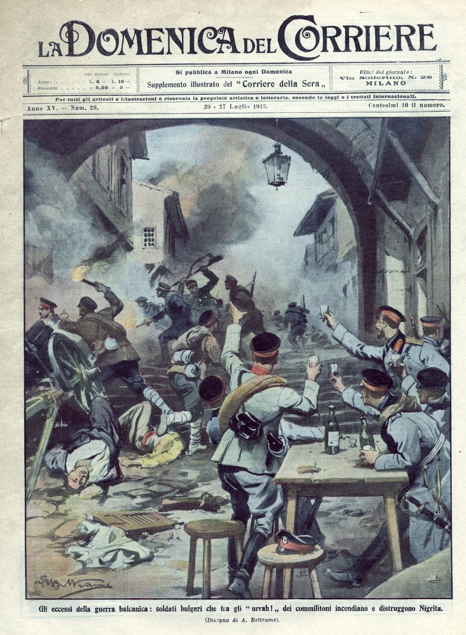 حرب البلقان الثانية (1913) بين بلغاريا واليونان وتركيا: أشعل الجنود البلغار النار ودمروا نيجريتا في اليونان. لا دومينيكا ديل كوريير. 07/1913. رسم توضيحي لـ Beltrame. بواسطة أخيل بيلترام