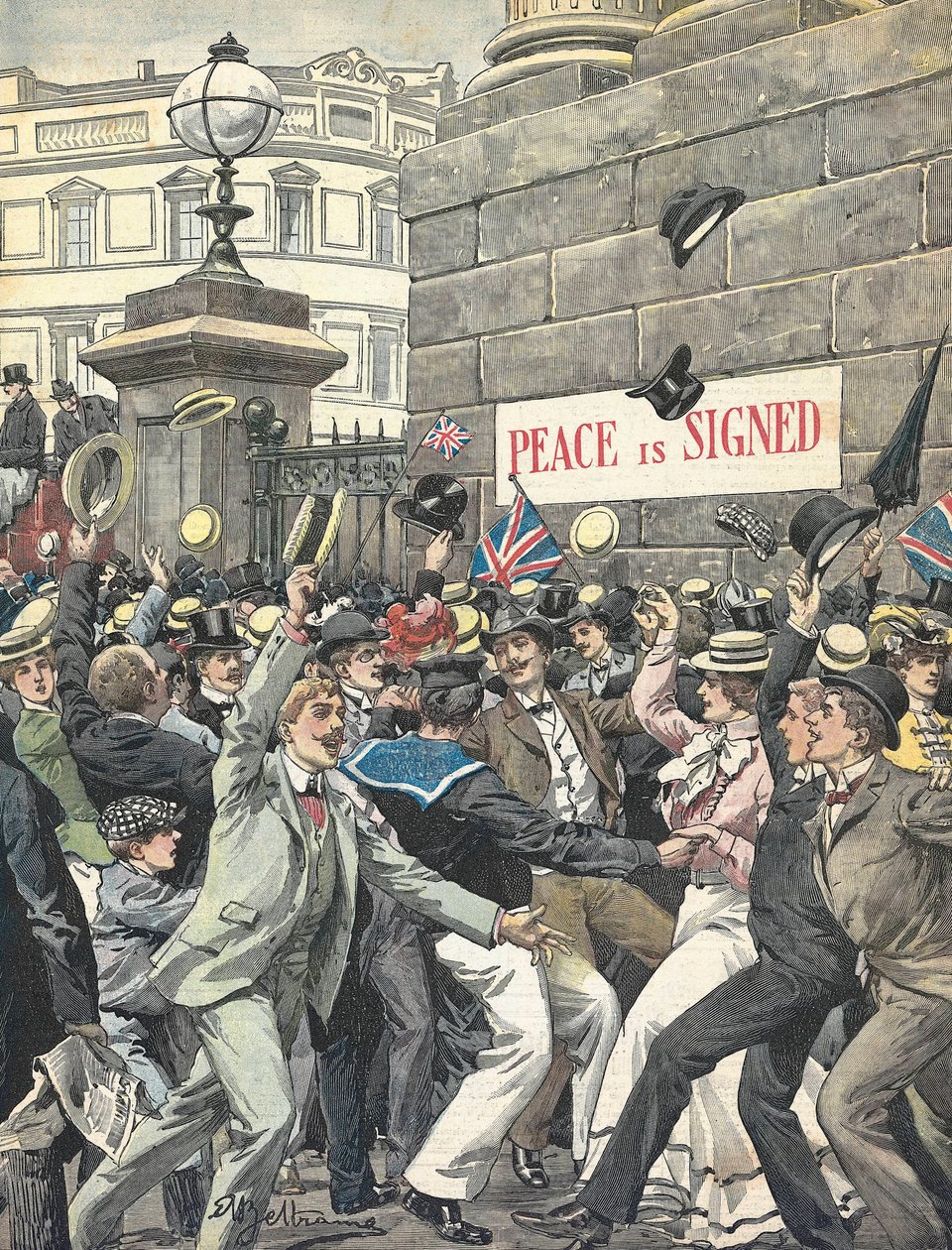 حرب البوير الثانية. اعلان انتهاء الحرب في شوارع لندن. رسم من قبل أنطونيو بيلترام. "La Domenica del Corriere" بواسطة أخيل بيلترام