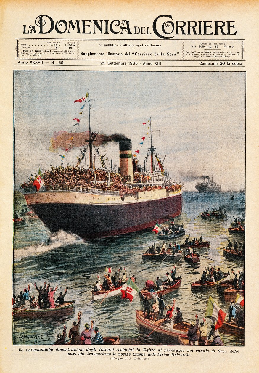 Ships carrying Italian troops to East Africa crossing Suez Canal, illustration from La Domenica del Corriere, October 20 بواسطة أخيل بيلترام