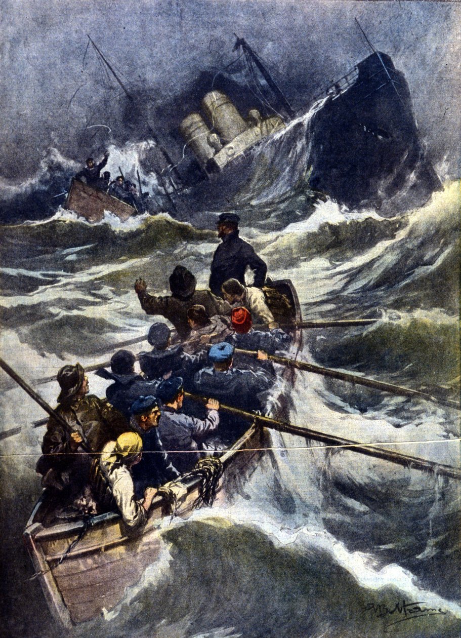 حطام سفينة بالقرب من بيومبينو في إيطاليا. "La Domenica del Corriere" ، رسم بياني لـ Beltrame. 1910 بواسطة أخيل بيلترام