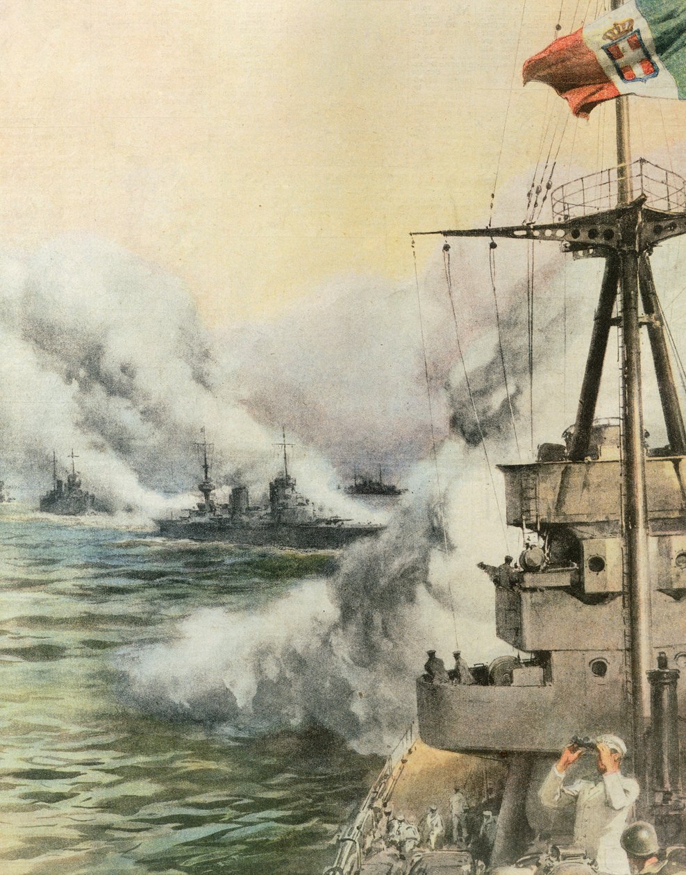 Sighted by enemy aircraft, Italian convoy releases smokescreen to protect ships, by Achille Beltrame (1871-1945), illustration from La Domenica del Corriere, August 8 بواسطة أخيل بيلترام