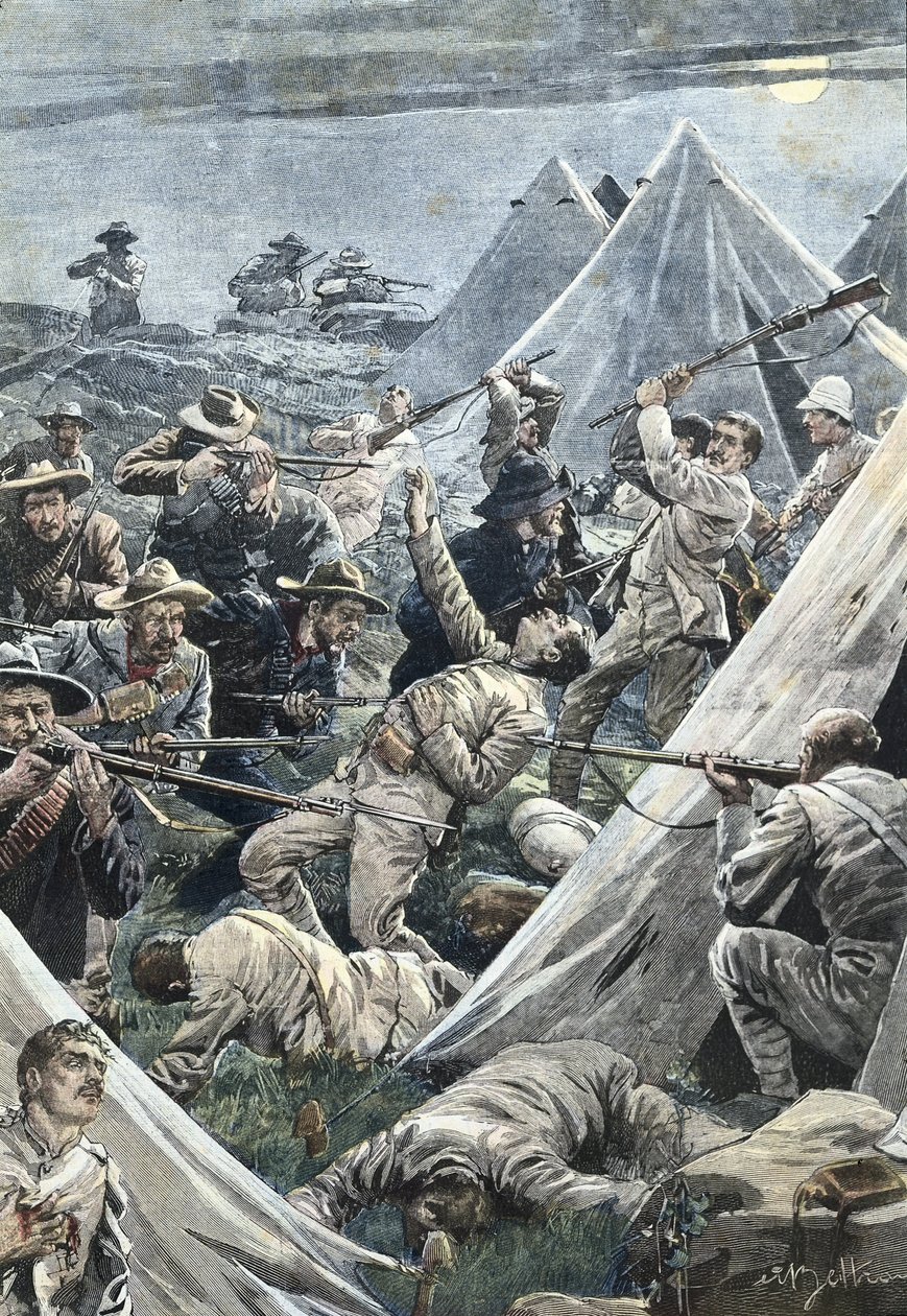 جنوب أفريقيا. حرب البوير الثانية. هجوم على معسكر تويفونتين الإنجليزي (1902). رسم توضيحي لأخيل بلترام. نقش. بواسطة أخيل بيلترام