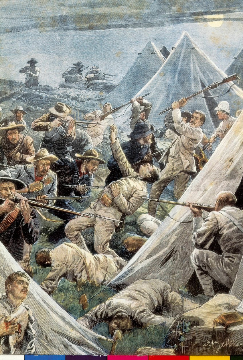 جنوب أفريقيا. حرب البوير الثانية. هجوم على معسكر تويفونتين الإنجليزي (1902). رسم توضيحي لأخيل بلترام. نقش. بواسطة أخيل بيلترام