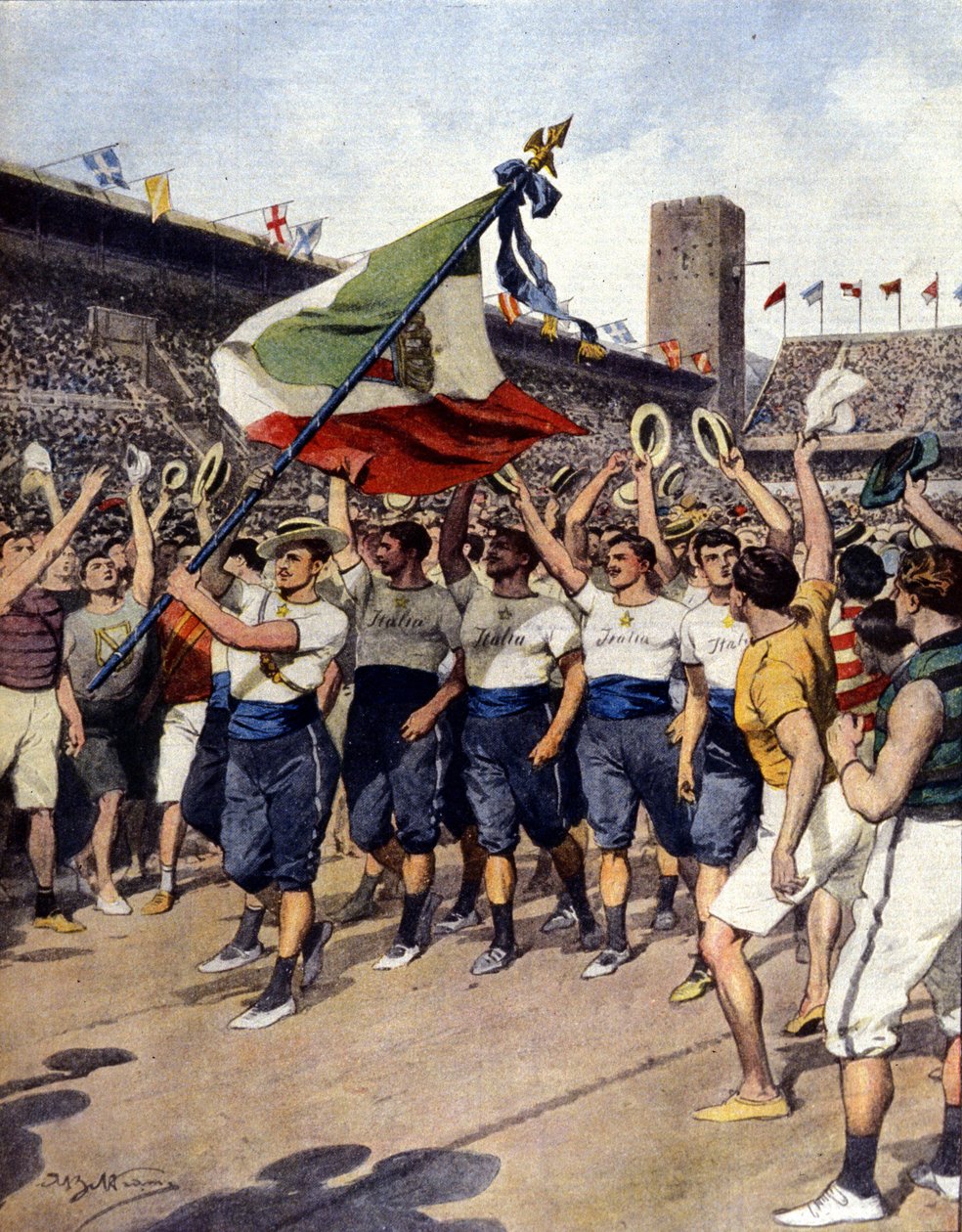 أولمبياد ستوكهولم عام 1912: فريق الجمباز الإيطالي الفائز. مريض. من عند. بلترام. الأحد من الرسالة بواسطة أخيل بيلترام