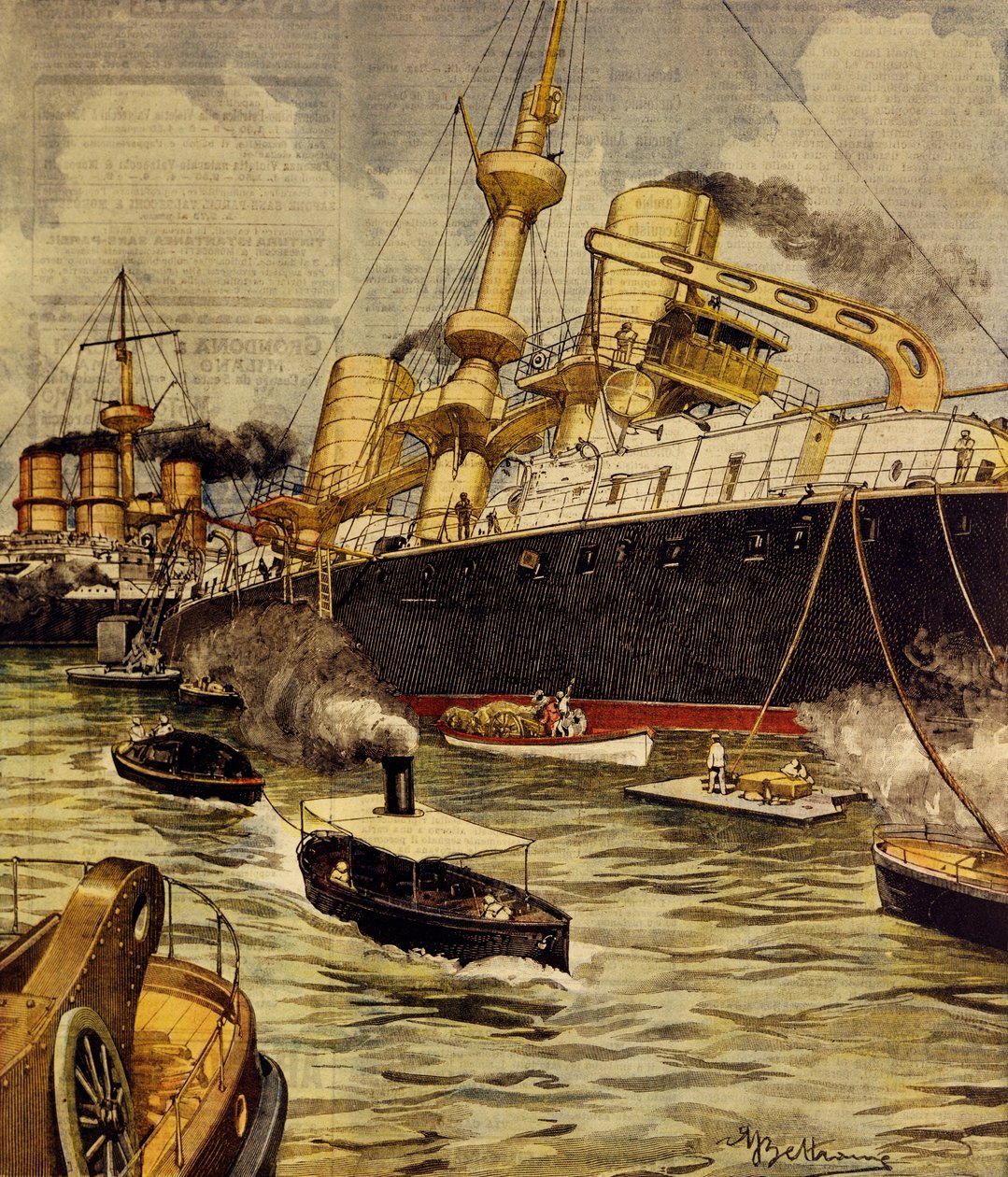 The Andrea Doria battleship run aground near Gallipoli, by Achille Beltrame (1871-1945), from La Domenica del Corriere بواسطة أخيل بيلترام