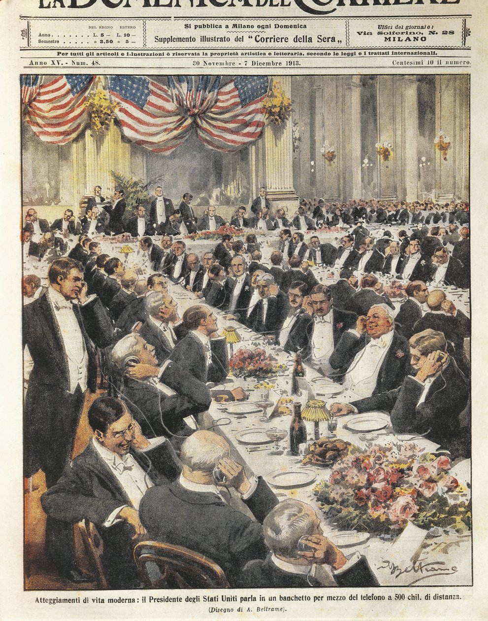 The President of the United States speaking by telephone at a distance of 500 kilometres. Illustration by Achille Beltrame on the Italian newspaper 