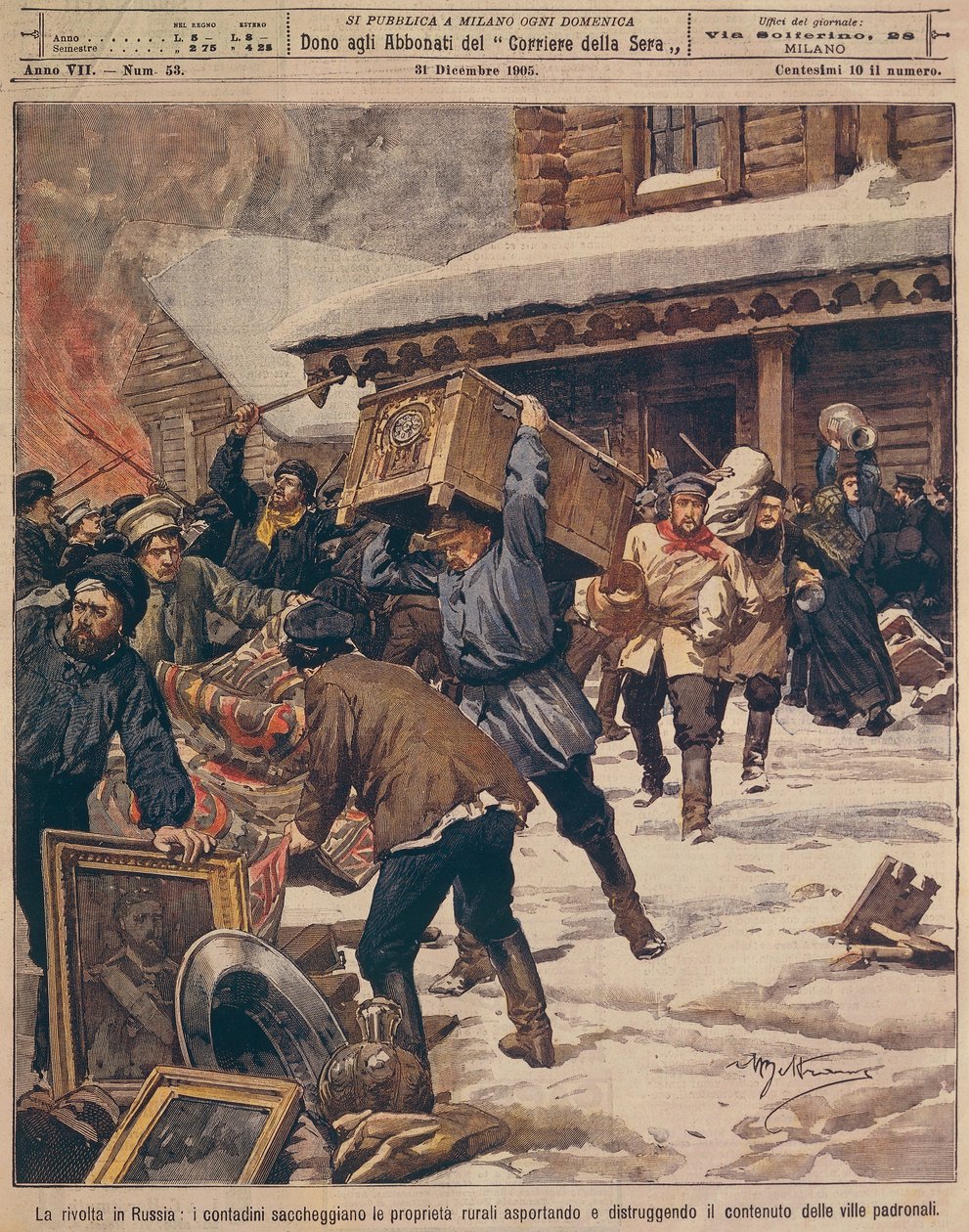 The Russian Revolution: Peasants plundering properties of rural rich, by Achille Beltrame (1871-1945), from La Domenica del Corriere, December 1905 بواسطة أخيل بيلترام