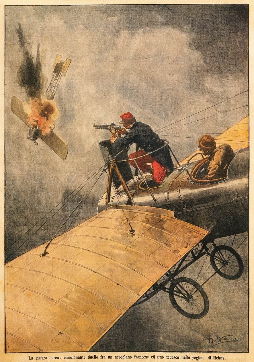 The War in Air: Duel between French plane and German one in sky over Reims, by Achille Beltrame (1871-1945), from La Domenica del Corriere, 25th October 1914 بواسطة أخيل بيلترام