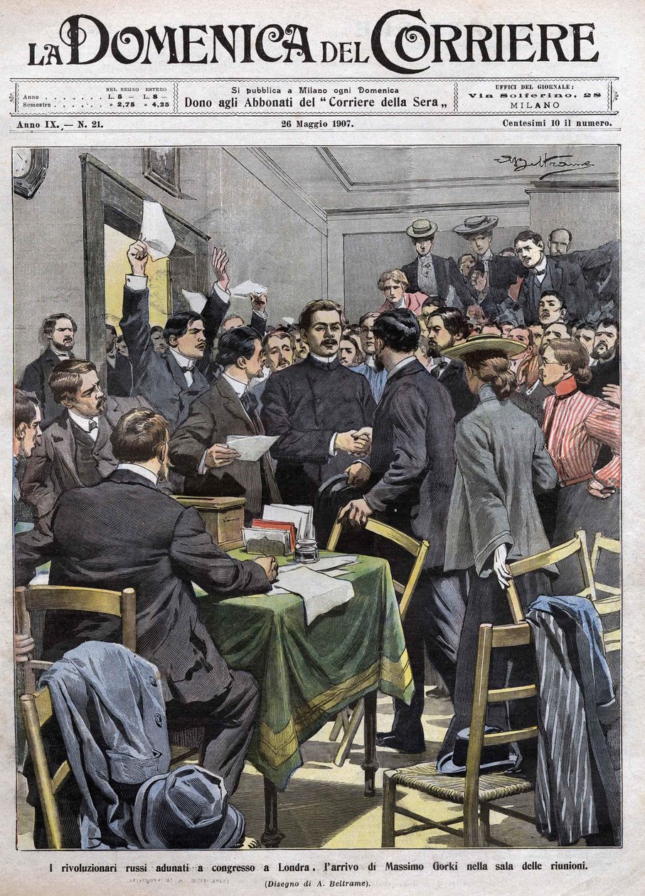 وصول مكسيم جوركي إلى غرفة الاجتماعات في الكونجرس بلندن بعد ثورة 1905 في روسيا. غلاف La Domenica del Corriere اعتبارًا من 26/05/1907. بواسطة أخيل بيلترام
