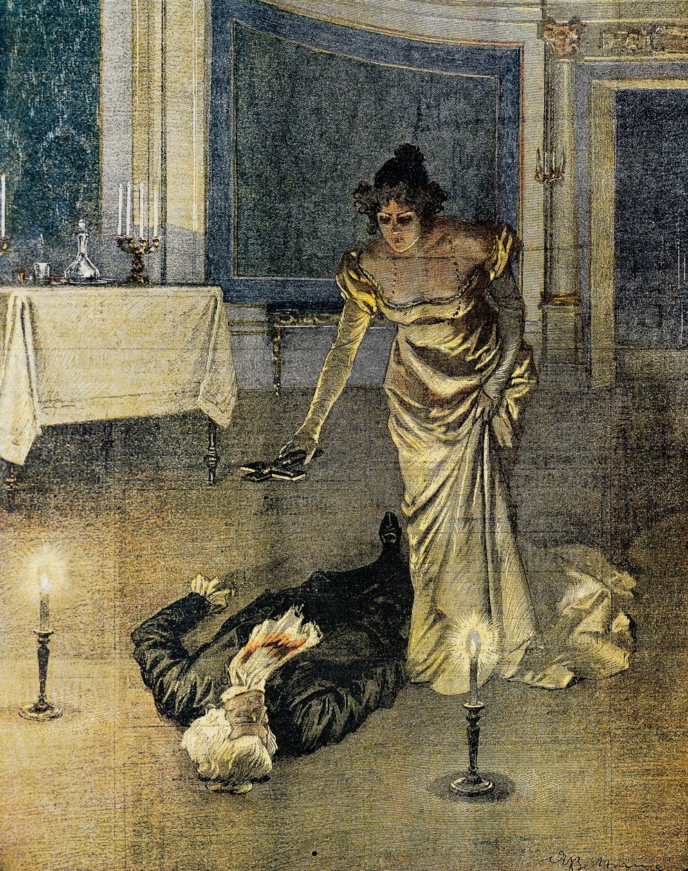 وفاة Scarpia في نهاية الفصل الثاني من Tosca بواسطة Giacomo Puccini ، لوحة بواسطة Achille Beltrame (1871-1945) ، La Domenica del Corriere ، 4 فبراير بواسطة أخيل بيلترام