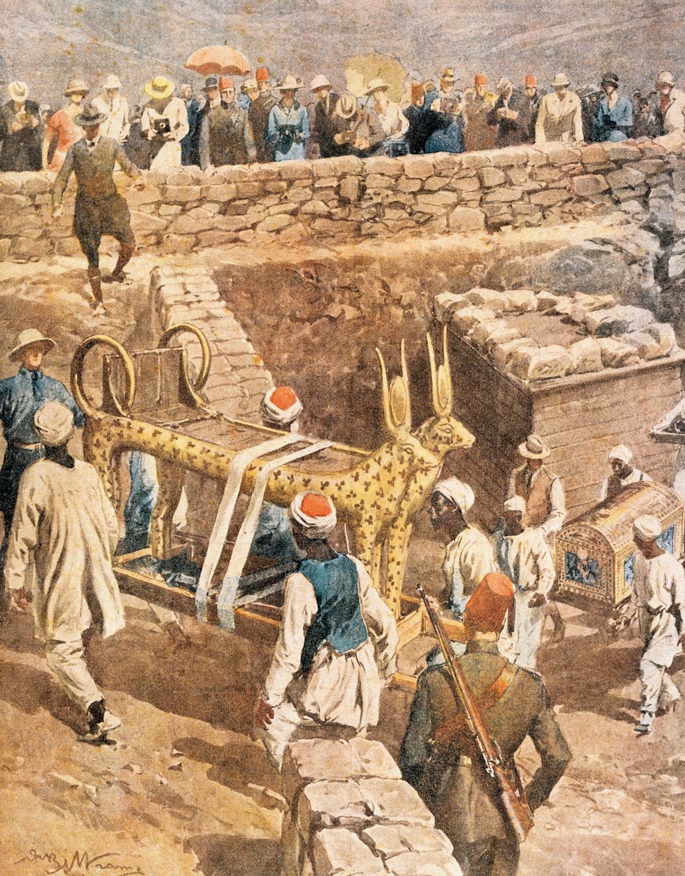 اكتشاف مقبرة توت عنخ آمون بواسطة أخيل بلترام (1871-1945) ، رسم توضيحي بواسطة أخيل بيلترام