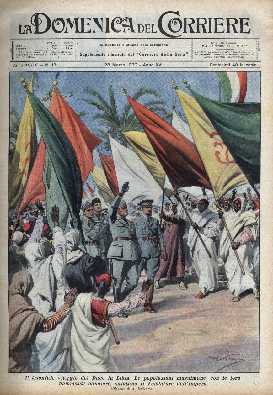 استقبل الحشد الصديق بينيتو موسوليني في رحلة إلى ليبيا. رسم إيضاحي لأخيل بلترام في "" La domenica del Corriere "من 28/03/1937. بواسطة أخيل بيلترام