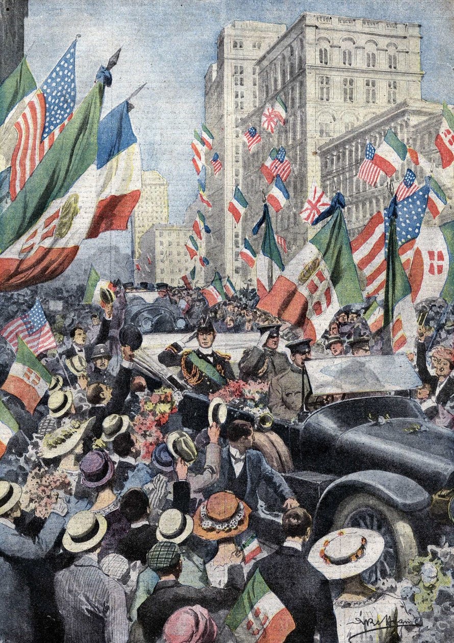 الترحيب الحماسي من قبل الشعب الأمريكي بفيرديناند دي سافوي ، دوق جنوة وأمير أوديني (1884 - 1963) عند وصوله إلى بوسطن. إيل. دي بلترام. لا دومينيكا ديل كوريير. 06/1917. بواسطة أخيل بيلترام