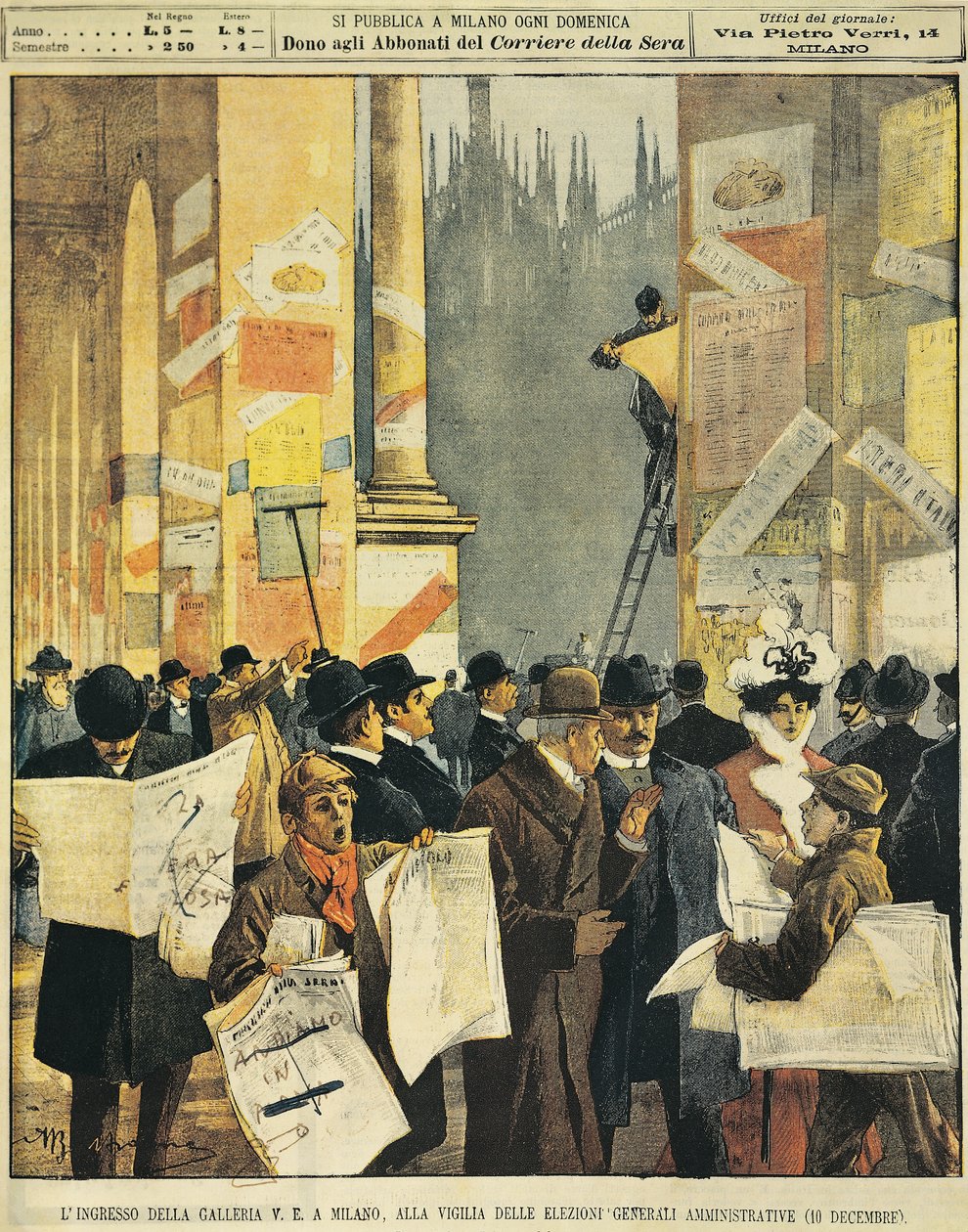 The entrance to Galleria Vittorio Emanuele in Milan, on eve of general administrative election, by Achille Beltrame (1871-1945), from La Domenica del Corriere بواسطة أخيل بيلترام