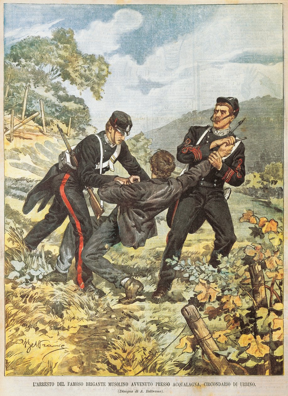 The famous brigand Musolino being arrested near Acqualagna in district of Urbino, by Achille Beltrame (1871-1945), from La Domenica del Corriere, 27th October 1901 بواسطة أخيل بيلترام
