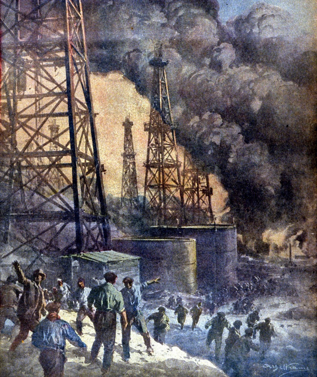 جحيم النار واللهب. حريق بئر النفط Signal Hill في كاليفورنيا. Ill. بواسطة W. Beltrame. "La Domenica del corriere" ، 28/12/1924. بواسطة أخيل بيلترام
