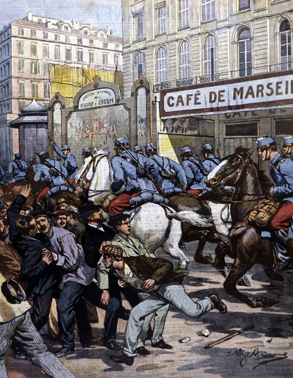 الإضرابات العمالية في مرسيليا: الفرسان المسؤولون في كانيبيير. رسم توضيحي لـ Beltrame. لا دومينيكا ديل كورييري. 1901. بواسطة أخيل بيلترام