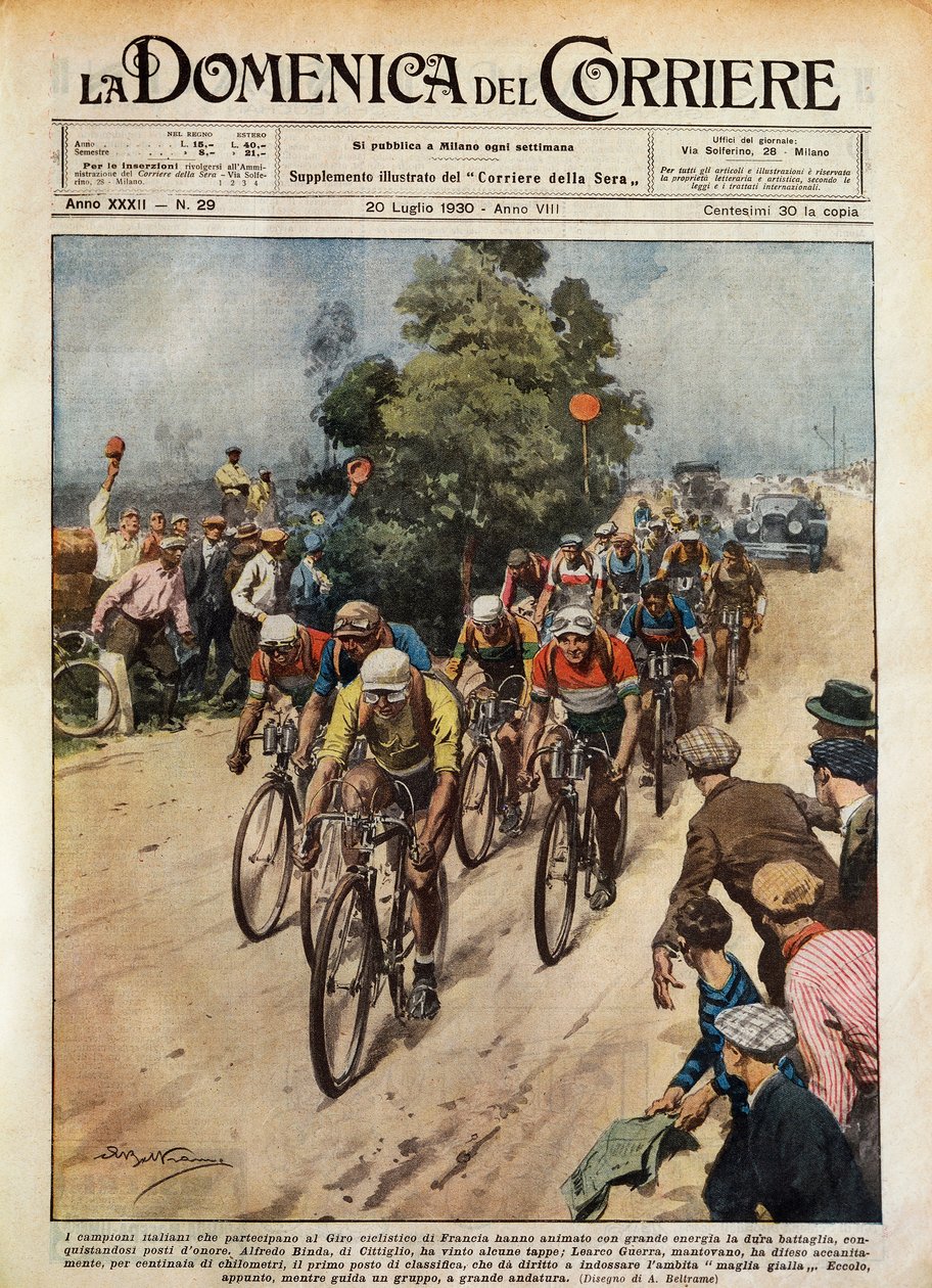 Tour de France ، Learco Guerra (1902-1963) حزمة رائدة ، رسم توضيحي بواسطة Achille Beltrame (1871-9145) من La Domenica del Corriere ، 20 يوليو بواسطة أخيل بيلترام