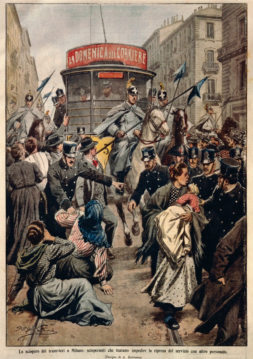 إضراب الترام في ميلانو ، بواسطة Achille Beltrame ، رسم توضيحي ، الرسام Achille Beltrame (1871-1945) ، من La Domenica del Corriere بواسطة أخيل بيلترام