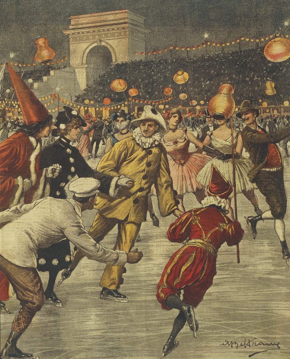 Typical costume party on ice at Aren in Milan, by Achille Beltrame, illustration, Illustrator Achille Beltrame (1871-1945), from La Domenica del Corriere بواسطة أخيل بيلترام