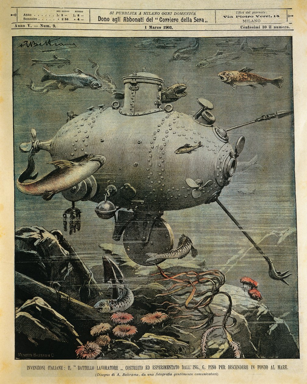 Underwater sea vessel for exploring seabed, illustration by Achille Beltrame (1871-1945), from La Domenica del Corriere, March 1 بواسطة أخيل بيلترام