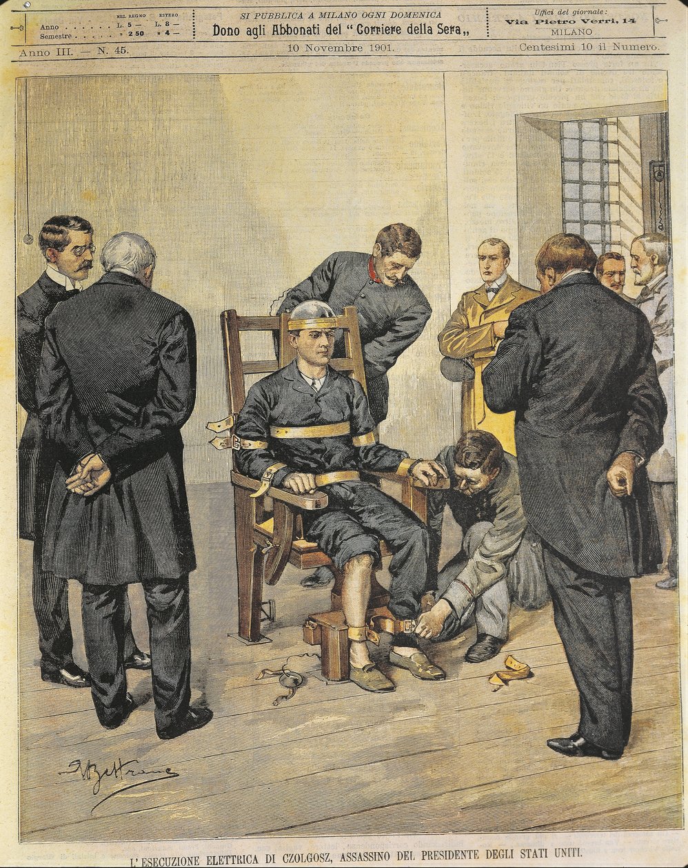 United States of America, 20th century, The electric chair execution of Czolgosz, murderer of the President of the United States McKinley, October 29 1901 (artwork from a magazine cover) بواسطة أخيل بيلترام