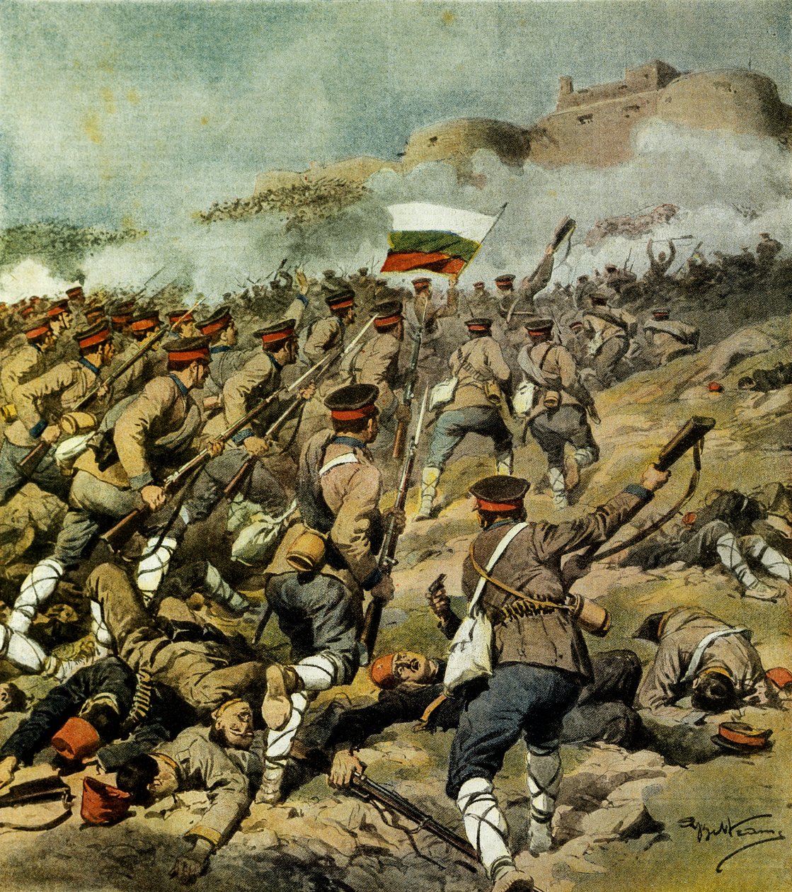 War of Five Nations, Bulgarian army advances towards Adrianople and capture Kirk Kilisse and impressive military booty, By Achille Beltrame (1871-1945), illustration from La Domenica del Corriere, November 3,1912 بواسطة أخيل بيلترام