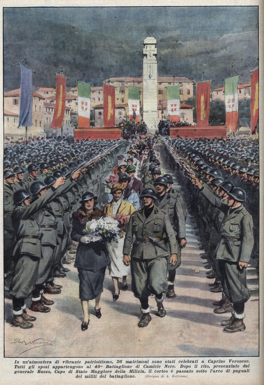 حفل زفاف أعضاء القمصان السوداء في Veronese Caprino en Venetie رسم لأخيل بيلترام من "" La Domenica del corriere "" في 10/10/1937. بواسطة أخيل بيلترام