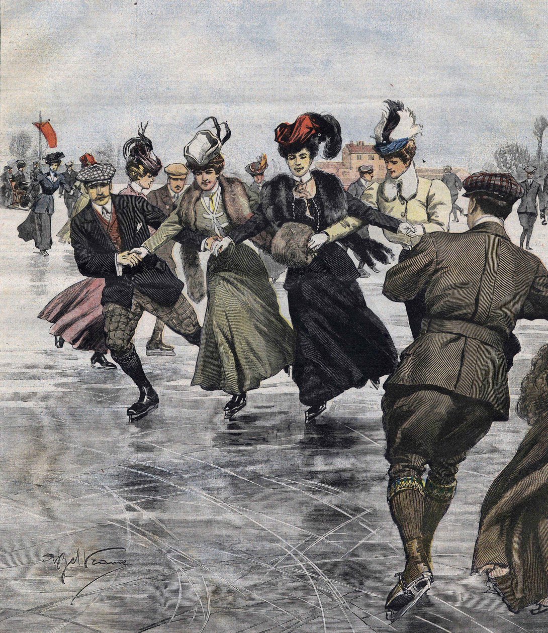 متعة الشتاء. المتزلجين. رسم توضيحي بواسطة أخيل بلترام في عام 1907. بواسطة أخيل بيلترام