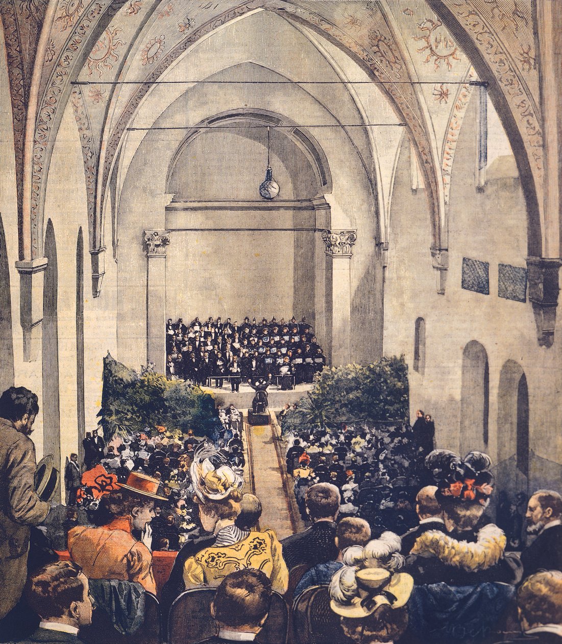 ceremony of Perosi Music Hall in Milan, by Achille Beltrame (1871-1945), cover illustration from La Domenica del Corriere, 6 May 1900. بواسطة أخيل بيلترام