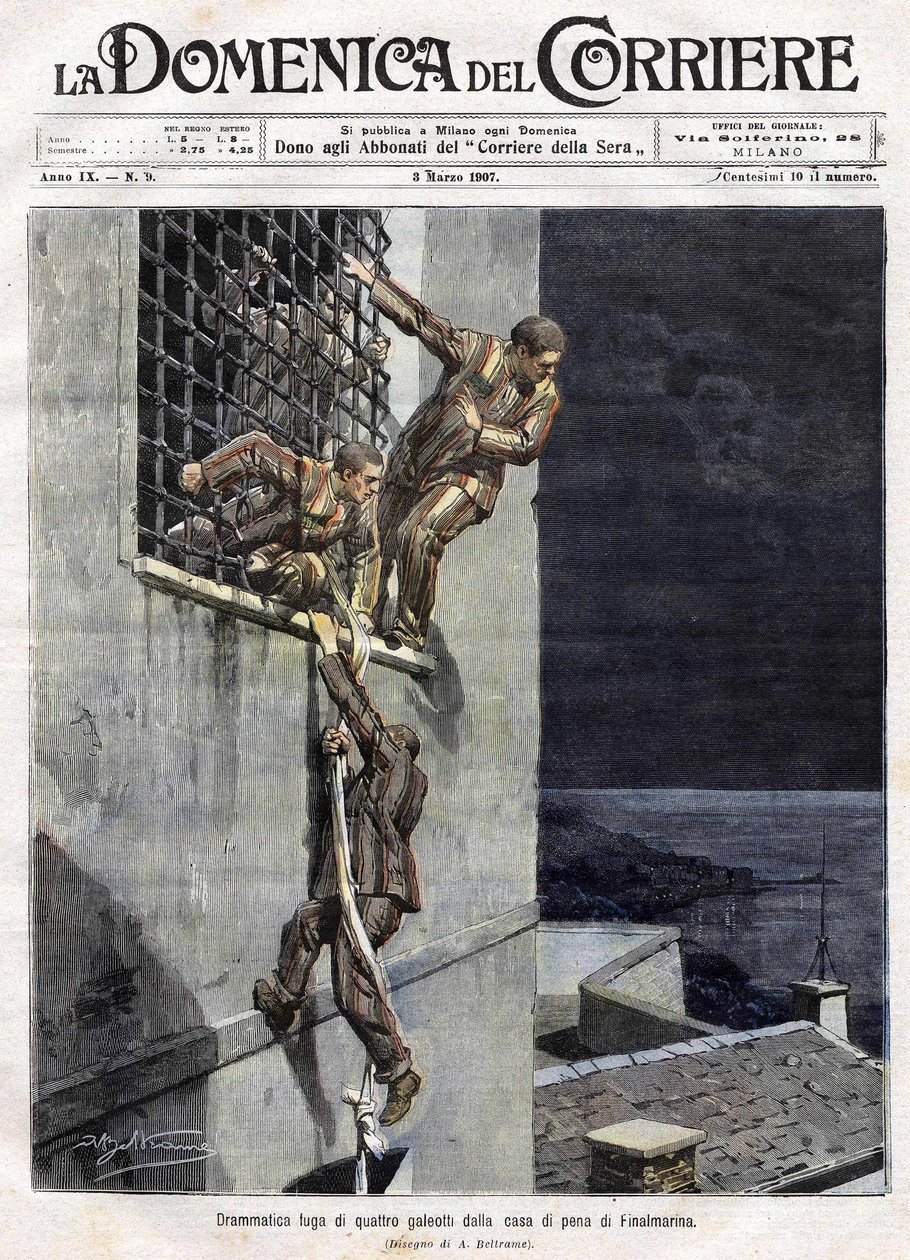 هروب ثلاثة سجناء من سجن فينالمارينا في إيطاليا عام 1907. إلوهينيس لأخيل بلترام ل Domenica del Corriere في 3 مارس بواسطة أخيل بيلترام