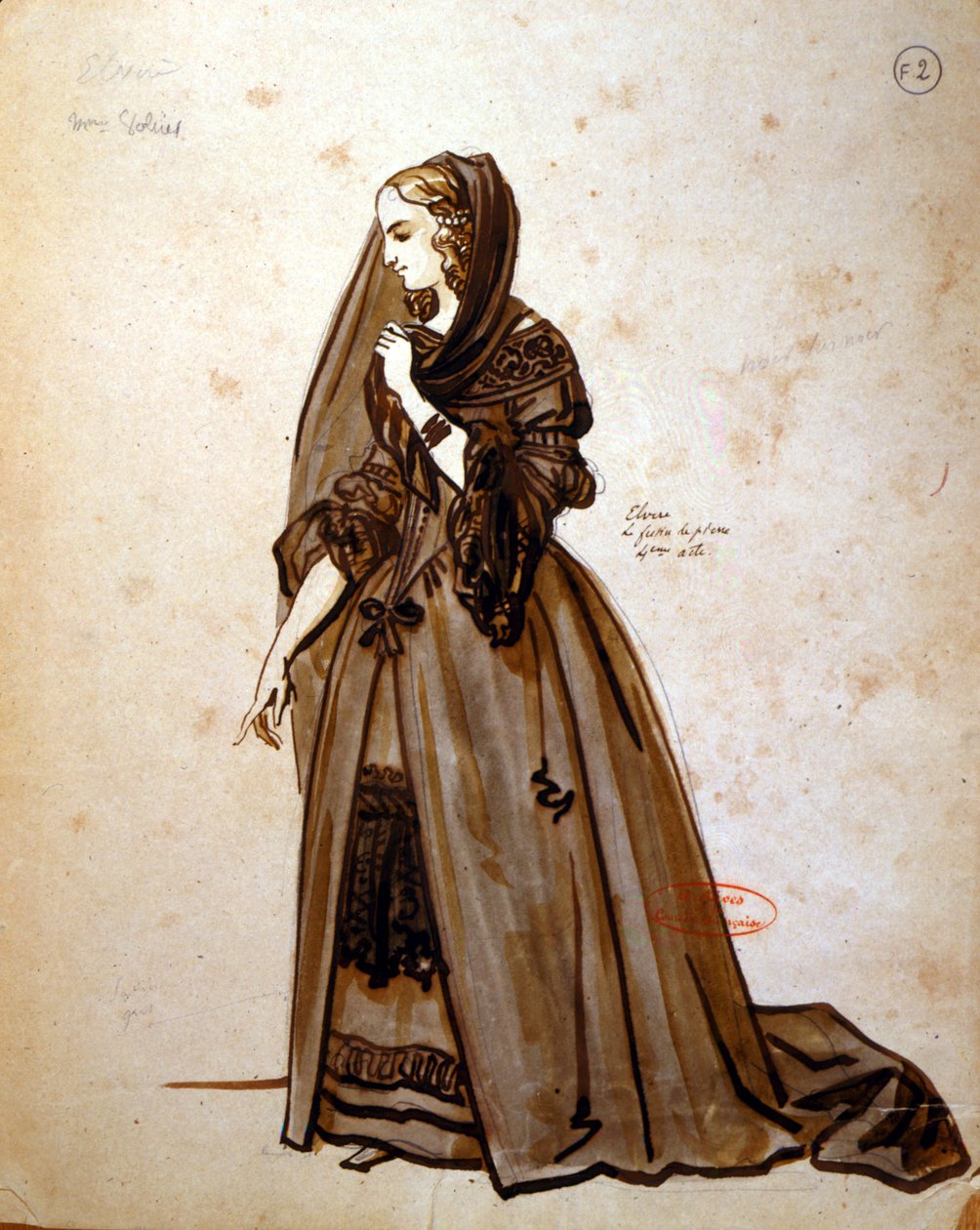 تصميم الأزياء لدور دونا إلفير في إنتاج عام 1847 لـ "Don Juan" من قبل Moliere (1622-73) في Comedie Française (القلم والحبر والمرحاض على الورق) بواسطة أخيل ديفيريا