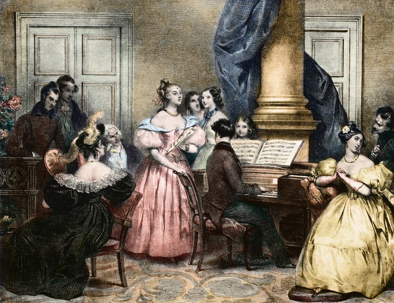حفلة موسيقية موسيقية - أمسية موسيقية حول البيانو - لأخيل ديفيريا (1800-1857) كاليفورنيا. 1840 بواسطة أخيل ديفيريا
