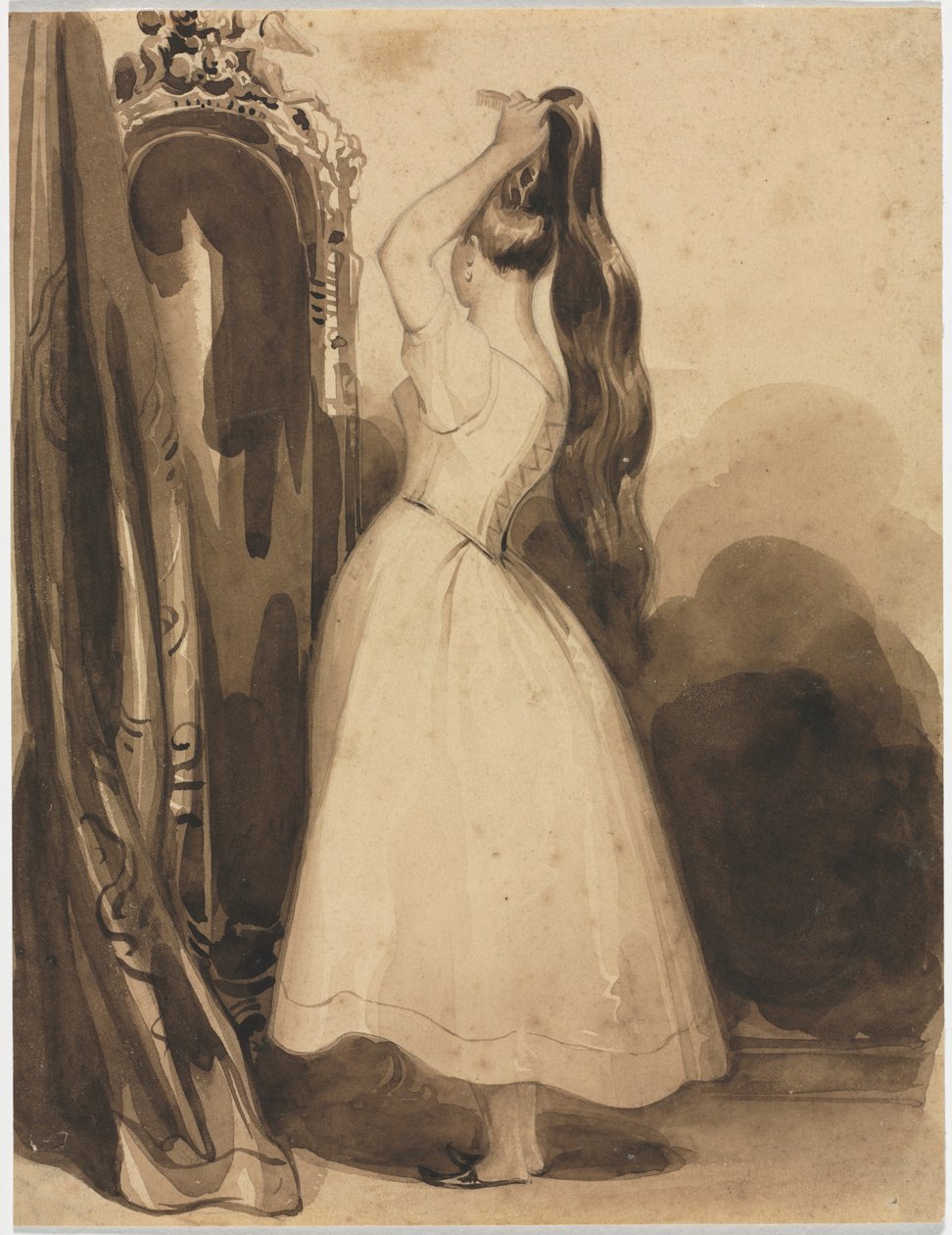 امرأة شابة تمشيط شعرها ، 1800s ، قبل 1857. بواسطة أخيل ديفيريا