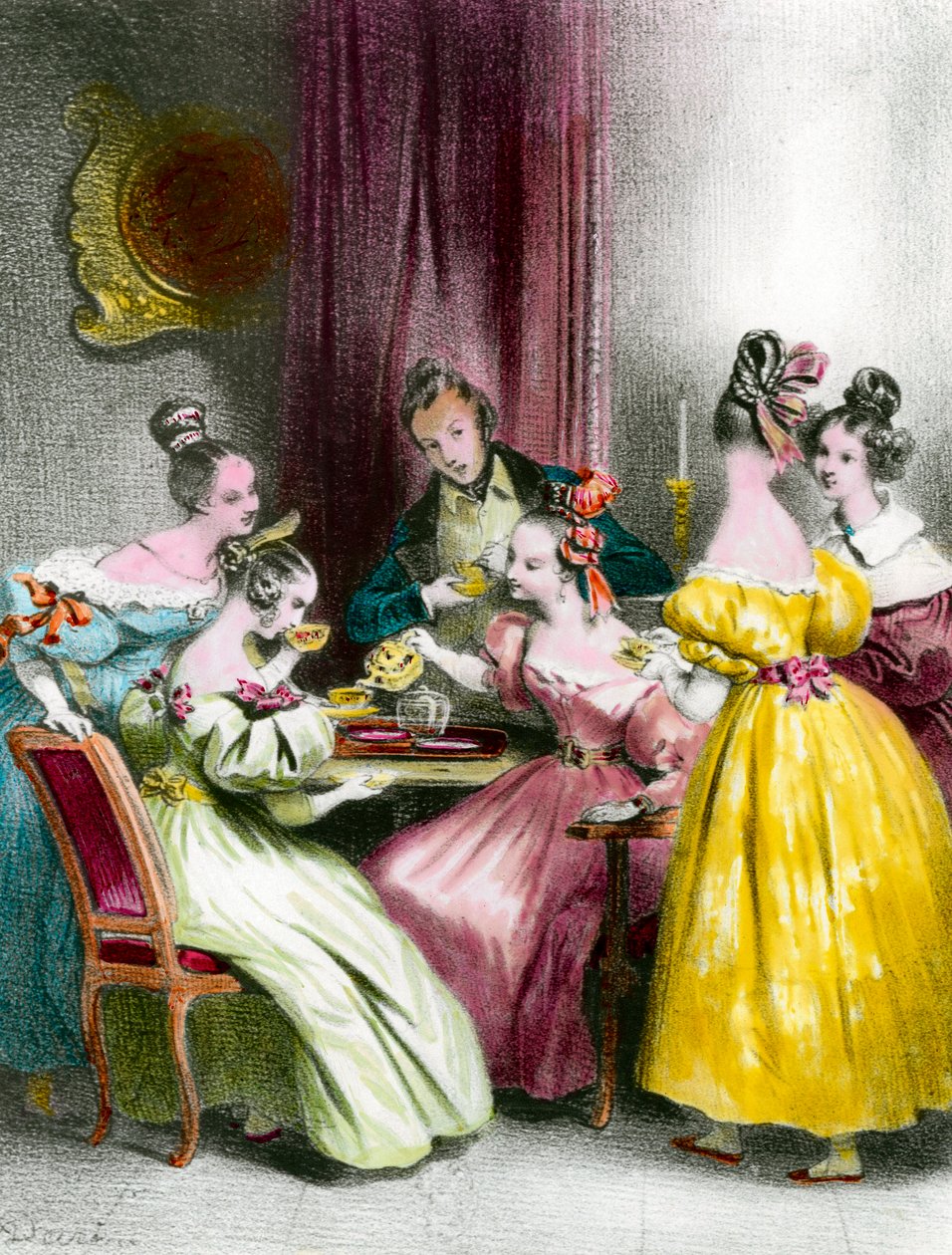 فترة ما بعد الظهيرة في Salon de the under the Restoration المطبوعة بواسطة Achille Deveria (1800-1857) مجموعة خاصة من القرن التاسع عشر بواسطة أخيل ديفيريا