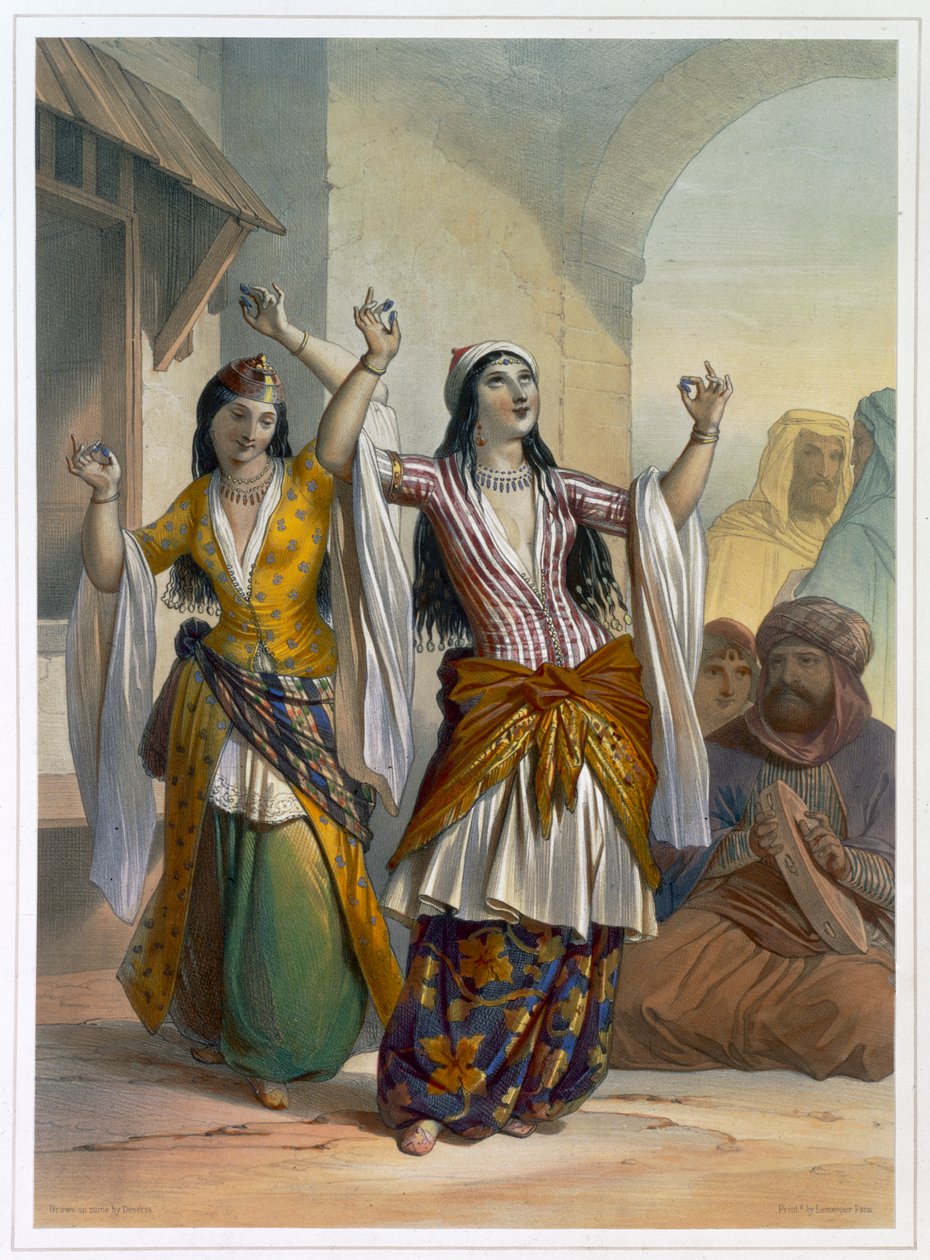 فتيات رقصات مصريات يؤدين الغوازي في رشيد ، مصر ، 1848 بواسطة أخيل ديفيريا