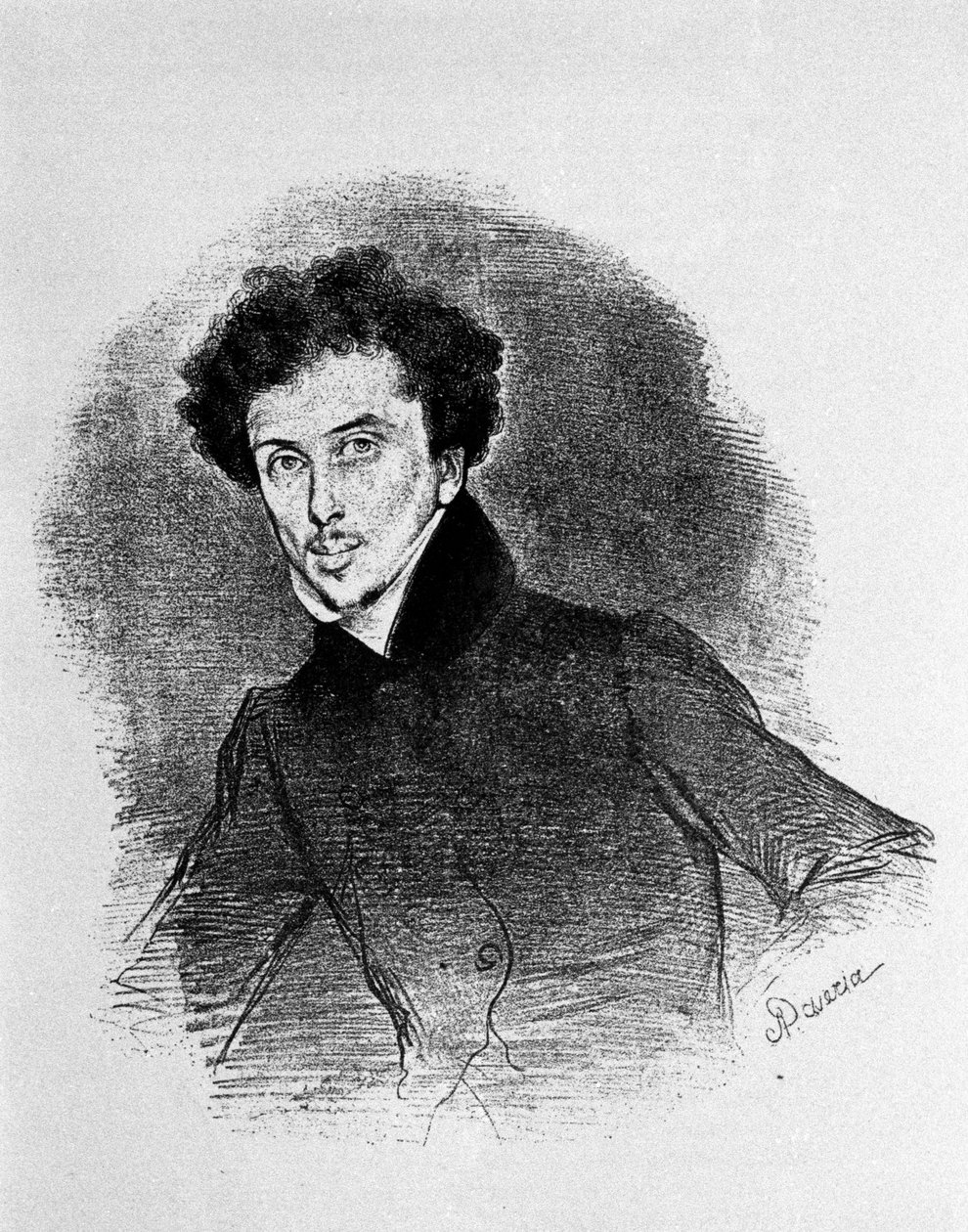 صورة للكاتب الفرنسي ألكسندر دوماس الأب (1802 - 1870) حوالي عام 1832. مطبوعة حجرية للديفيريا. بواسطة أخيل ديفيريا
