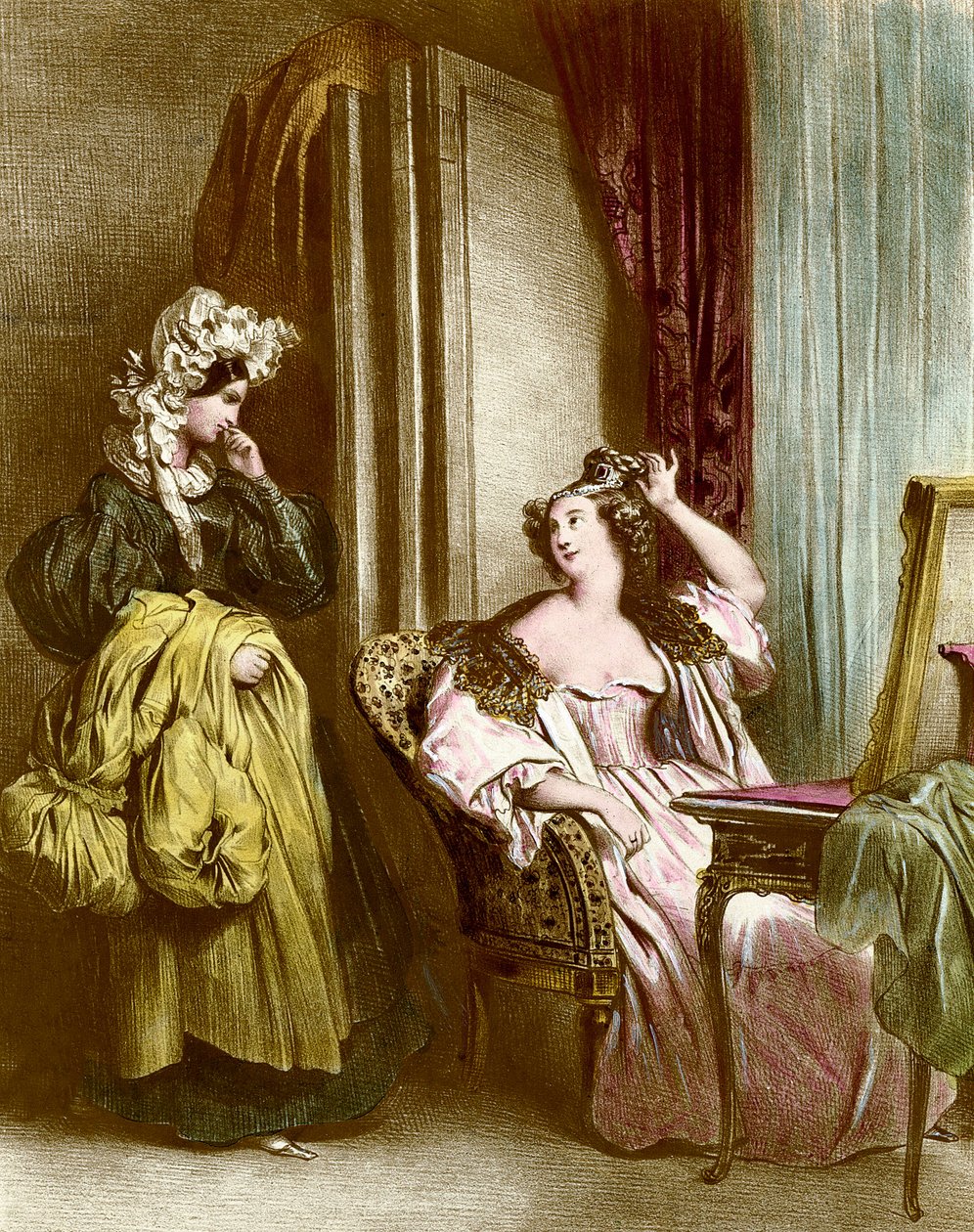 المرحاض: امرأة شابة أنيقة مع خادمة الطباعة الحجرية من تأليف Achilles Deveria (1800-1857) مجموعة القرن التاسع عشر Particuliere بواسطة أخيل ديفيريا